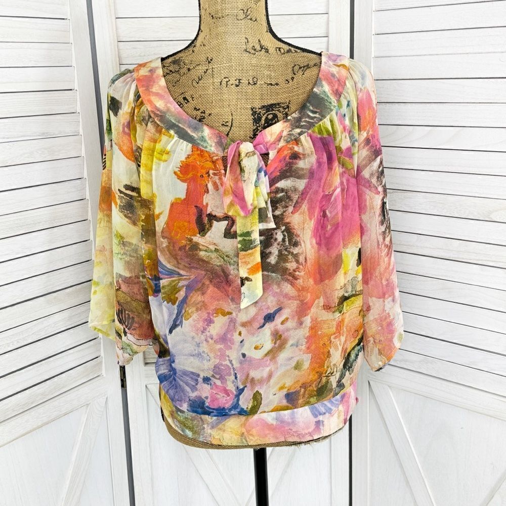 Chenault Watercolor Floral Chiffon‎ Cold Shoulder Blouse Multicolor Small
